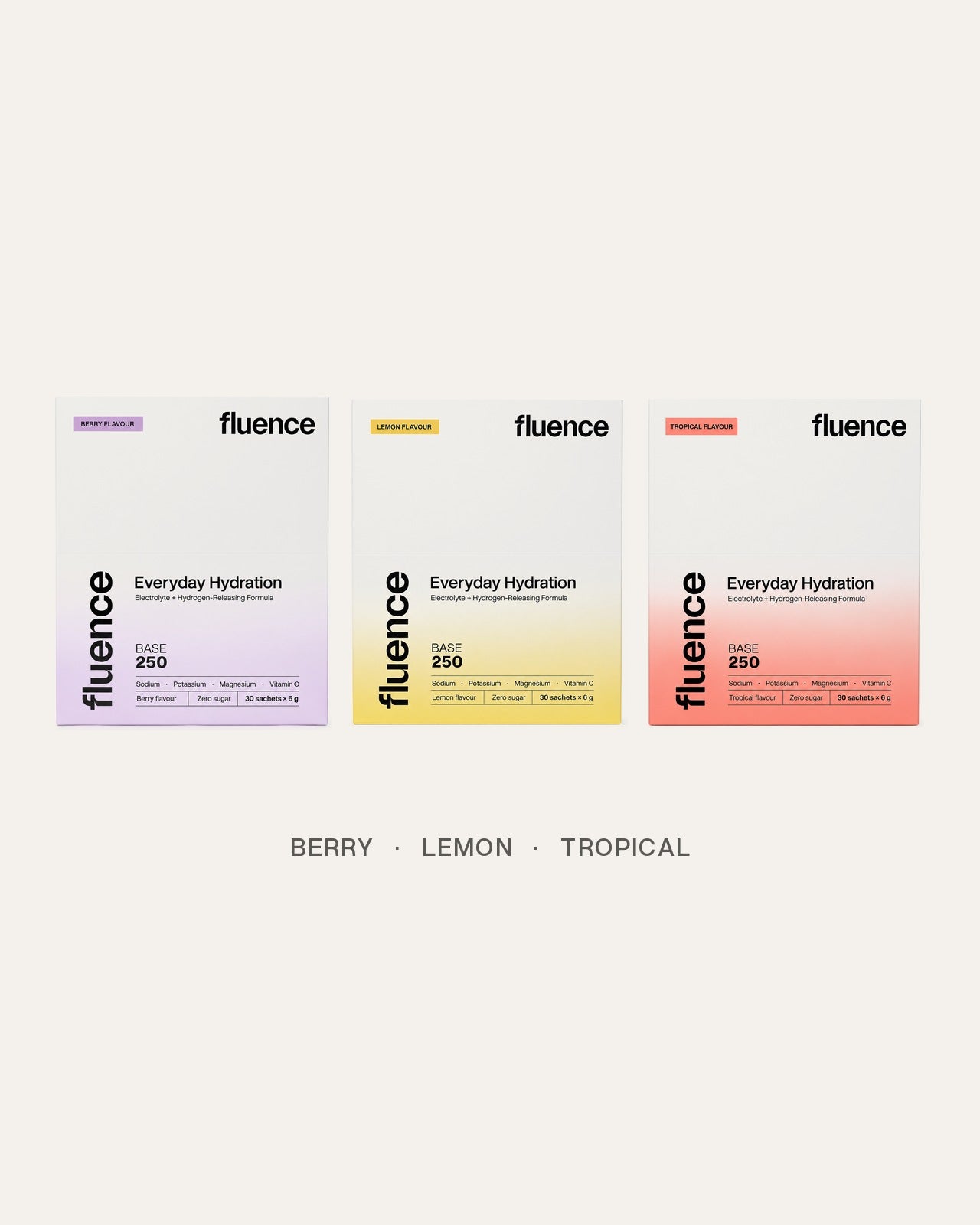 The three Base 250 flavours, Berry, Lemon and Tropical