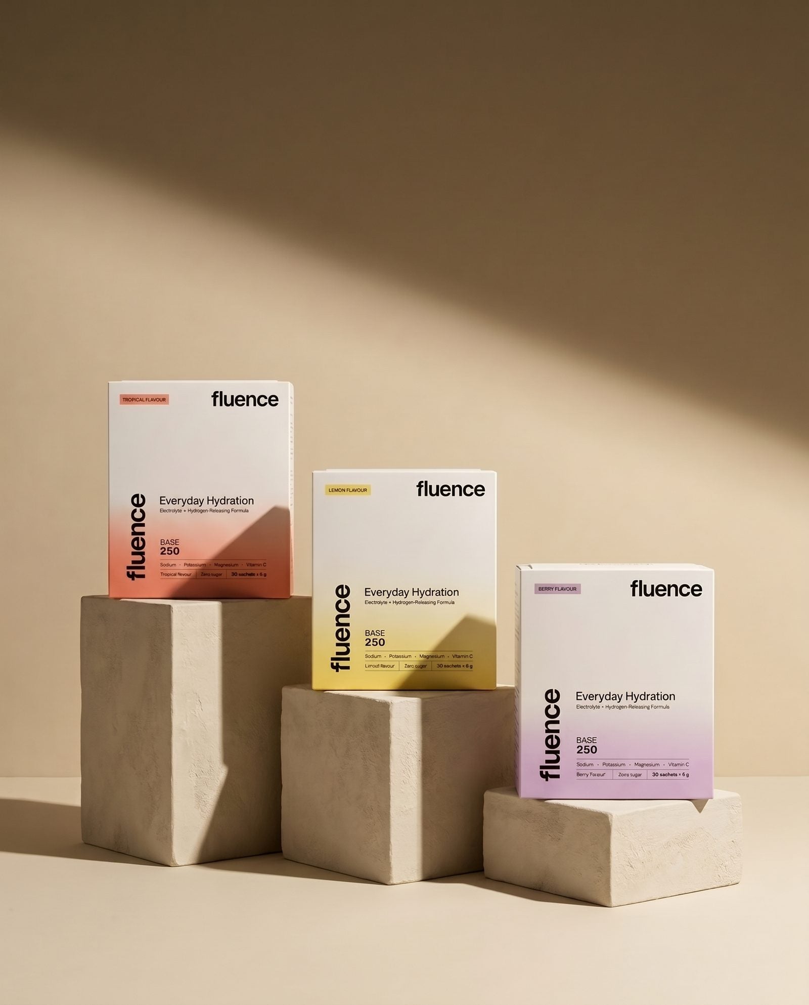 Fluence Base 250 electrolyte boxes in Berry, Lemon and Tropical