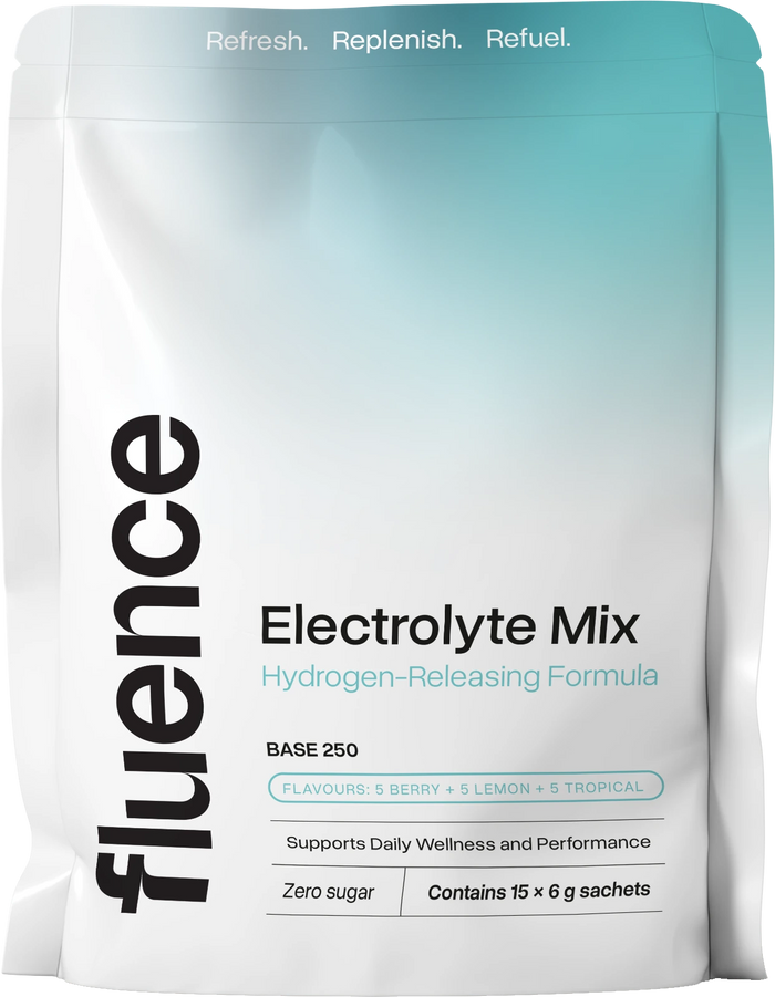 Fluence Hydrogen Electrolyte Mix Base 250g container, white and blue label with product details, on a white background.