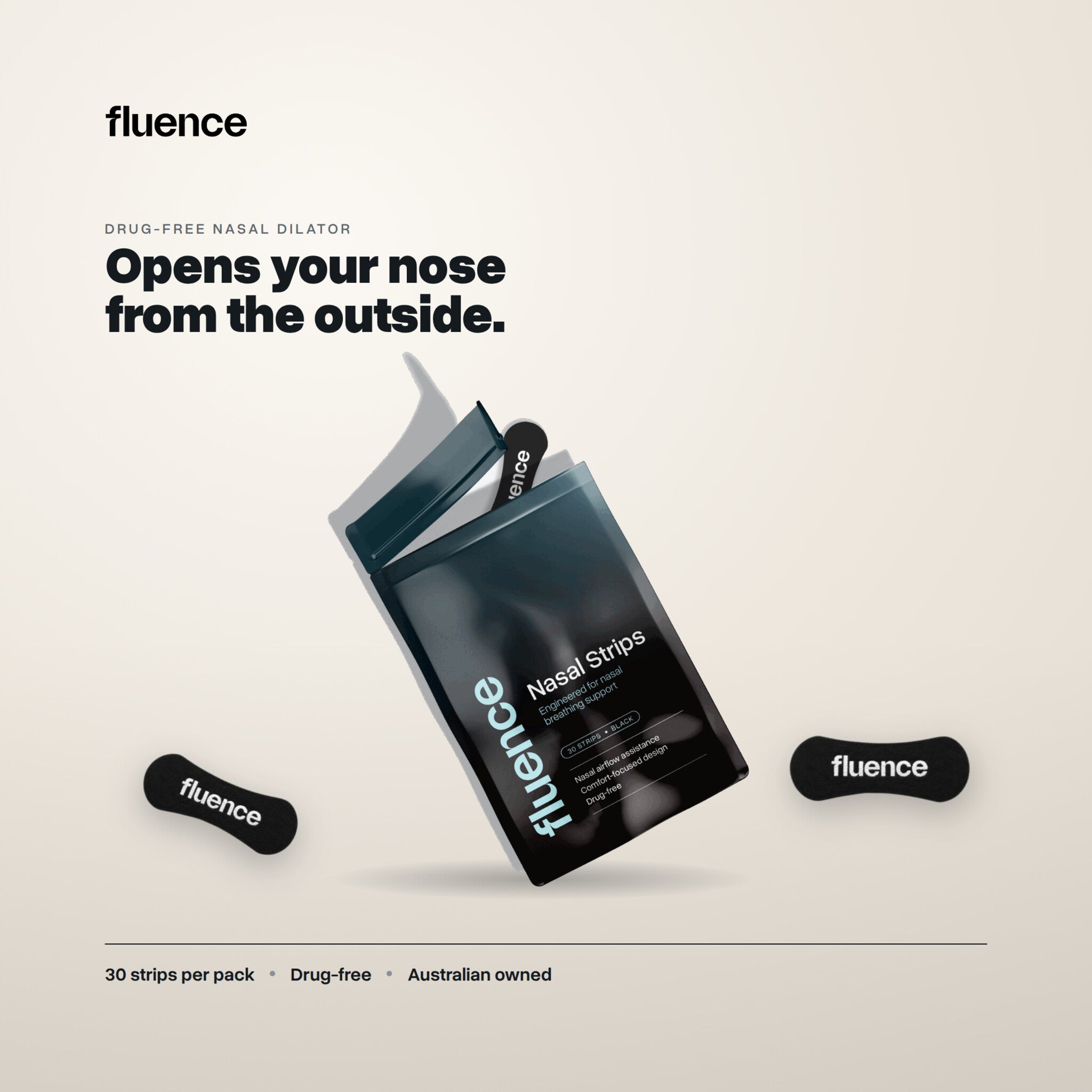 Fluence nasal strips pack with strips, a drug-free nasal dilator that opens the nose from the outside