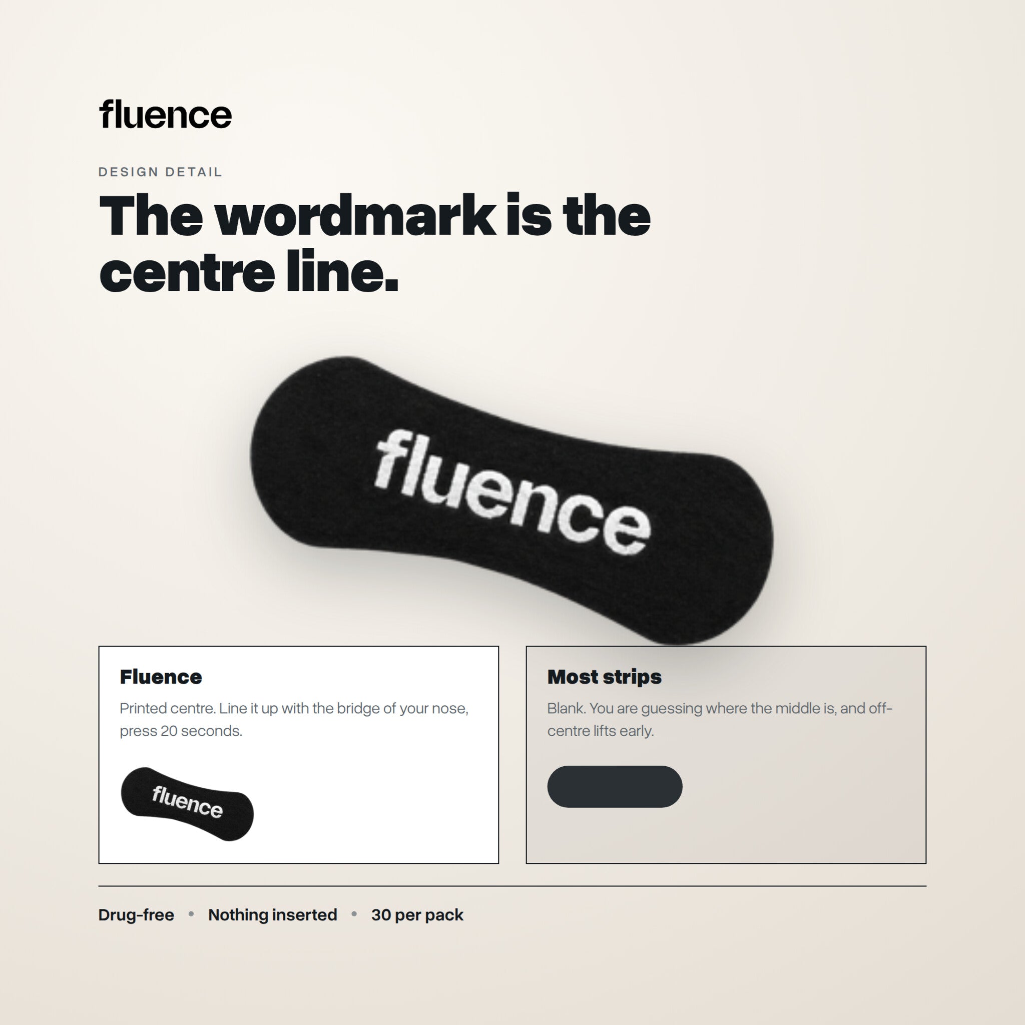 The printed Fluence wordmark is the centre line for lining the strip up with the bridge of the nose