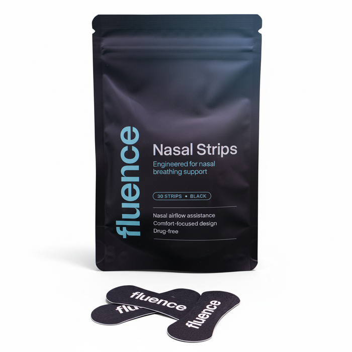 Fluence Performance Nasal Strips for improved airflow, showing the strips applied across the nose in a clear image.