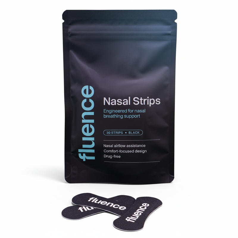 Fluence Performance Nasal Strips boosting airflow, featuring 35% improved breathability and adhesive design for comfortable wear.