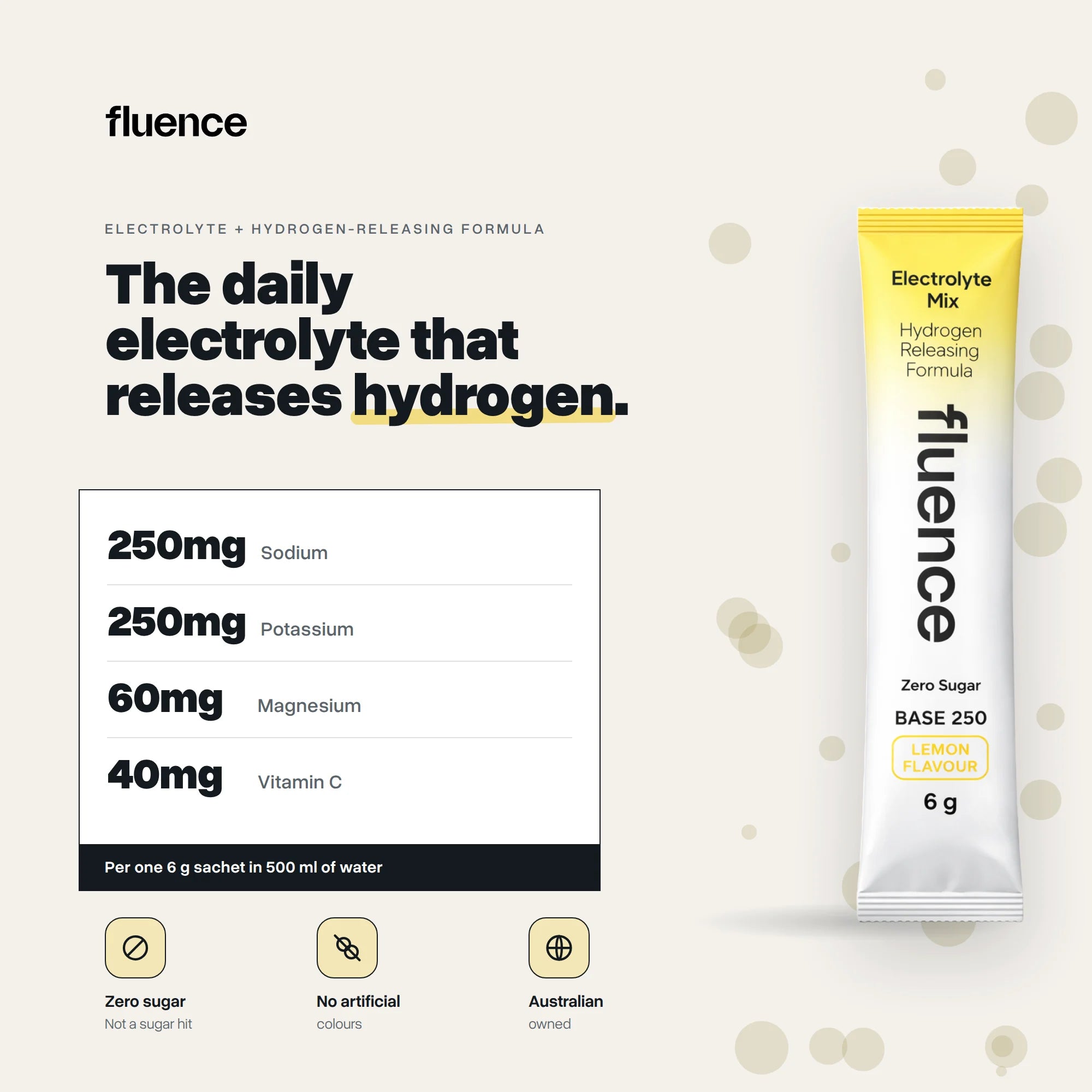 Base 250 Lemon: 250mg sodium, 250mg potassium, 60mg magnesium, 40mg vitamin C per sachet