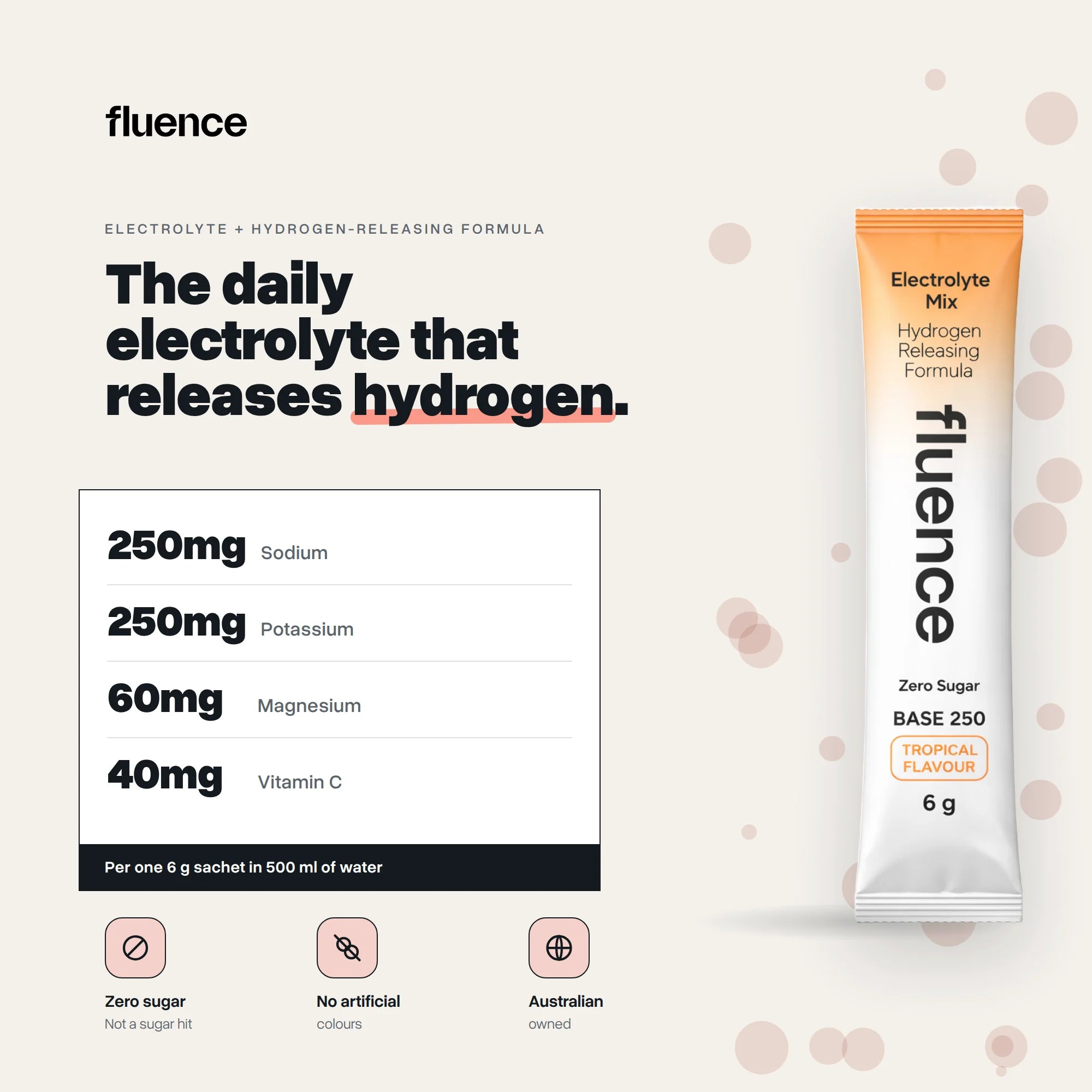 Base 250 Tropical: 250mg sodium, 250mg potassium, 60mg magnesium, 40mg vitamin C per sachet