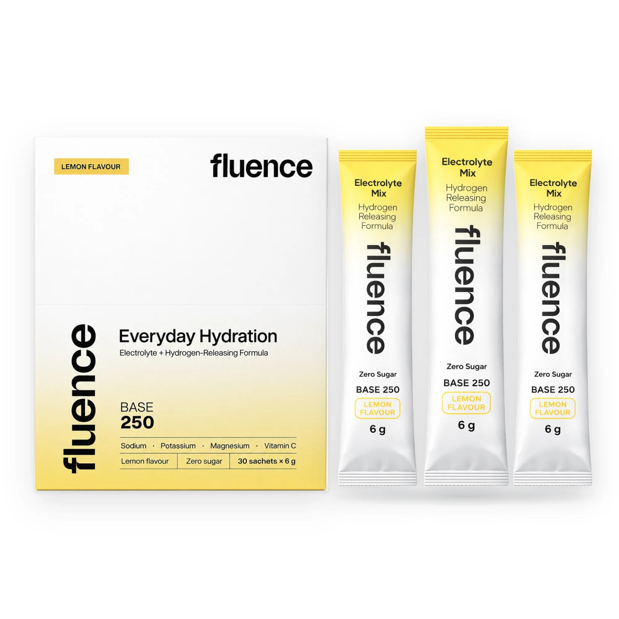 Fluence Base 250 Lemon 30-pack box on a white background