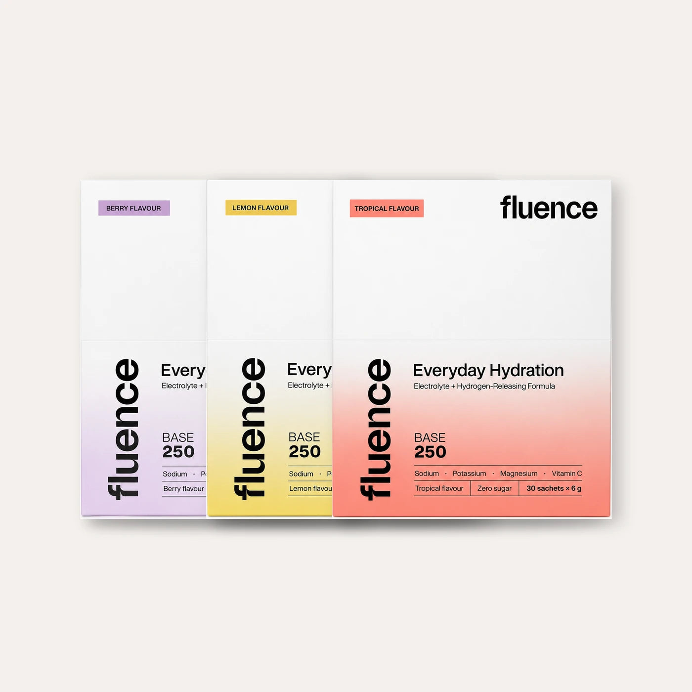 Three boxes of Base 250, one in each flavour