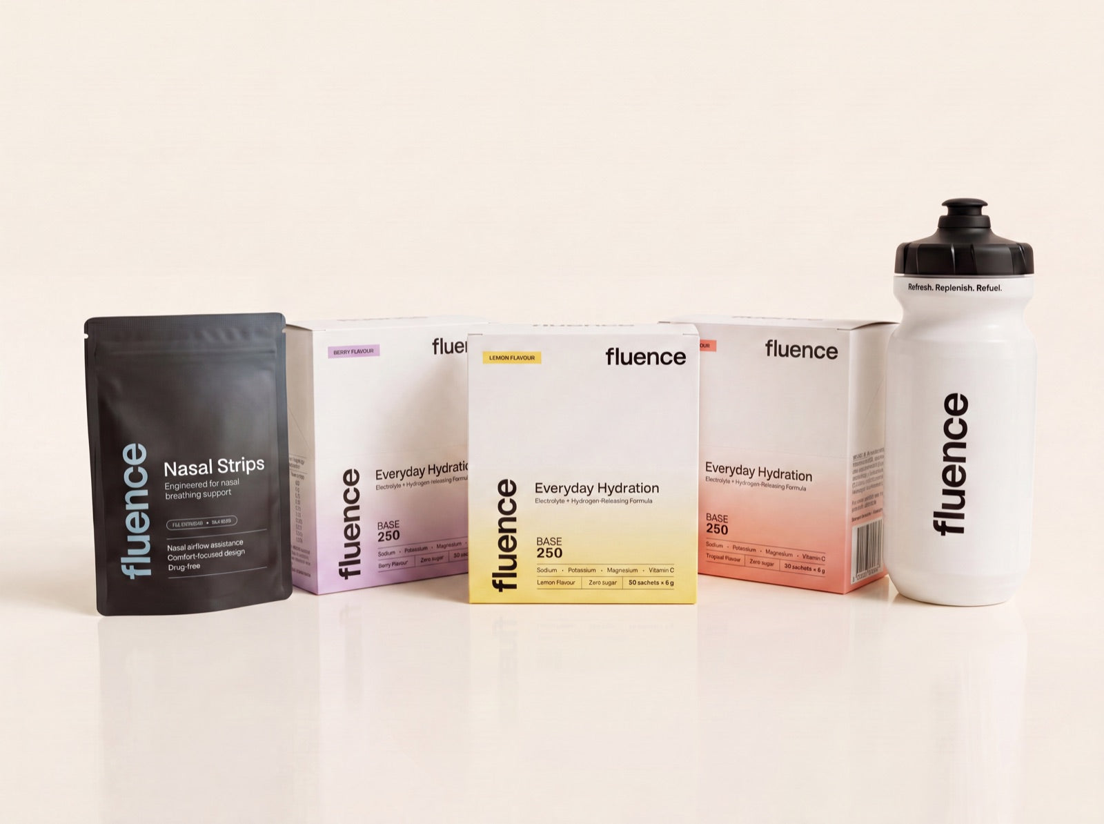 Fluence Base 250 Starter Bundle - Berry, Lemon and Tropical boxes with a Nasal Strips pack and Drink Bottle