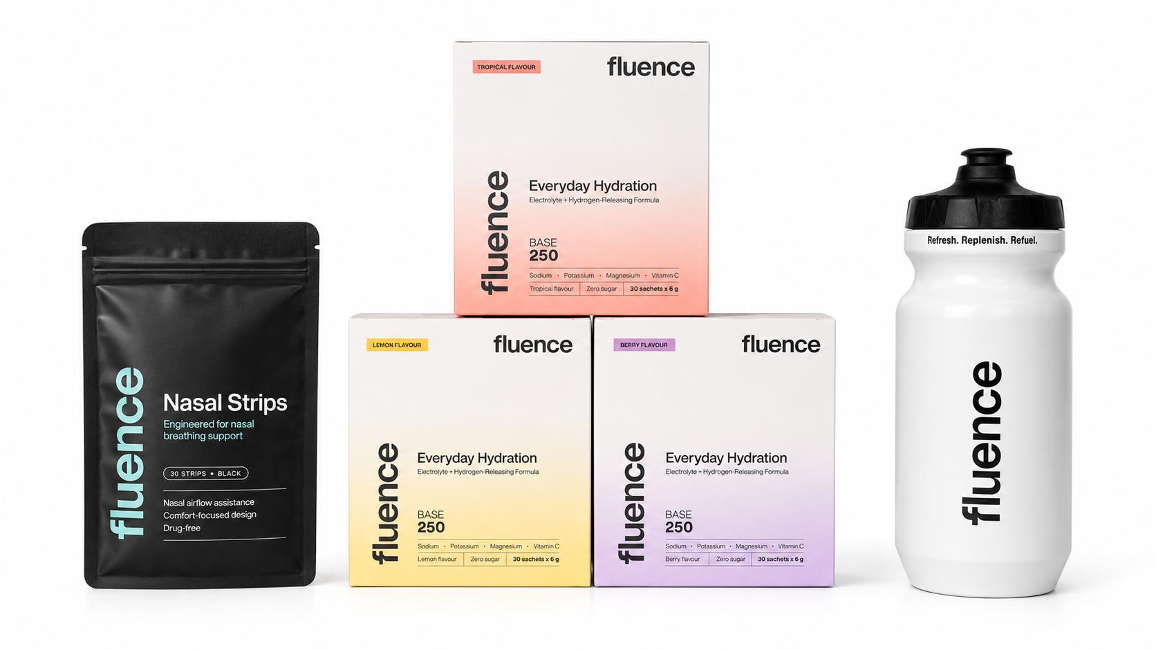 Complete the Ritual bundle - Base 250 Berry, Lemon and Tropical boxes with the free Nasal Strips pack and Drink Bottle
