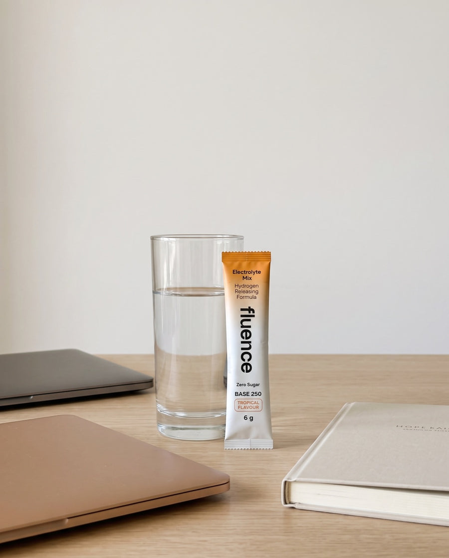 A Base 250 sachet and a glass of water on a desk