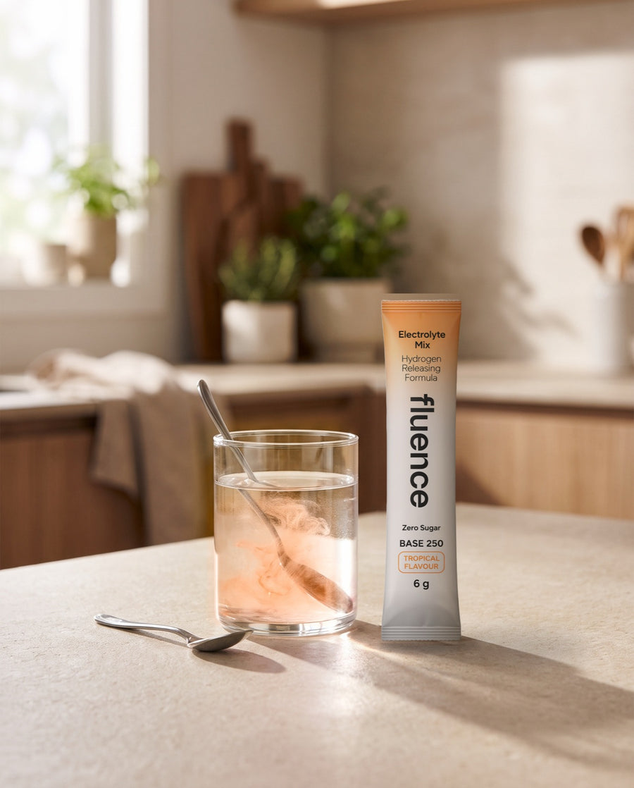 A Base 250 sachet beside a glass of water on a kitchen bench