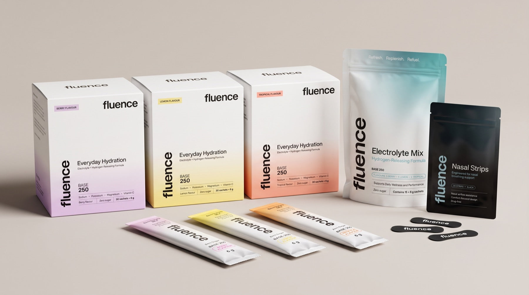 Fluence Performance Nasal Strips pouch and the Base 250 electrolyte range