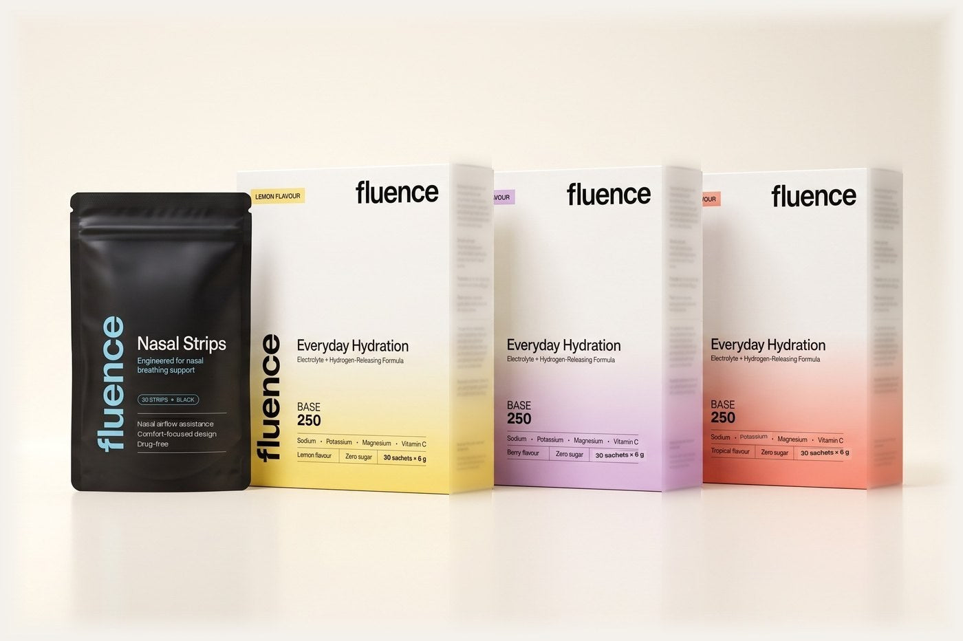 The Fluence range - performance nasal strips and Base 250 electrolytes