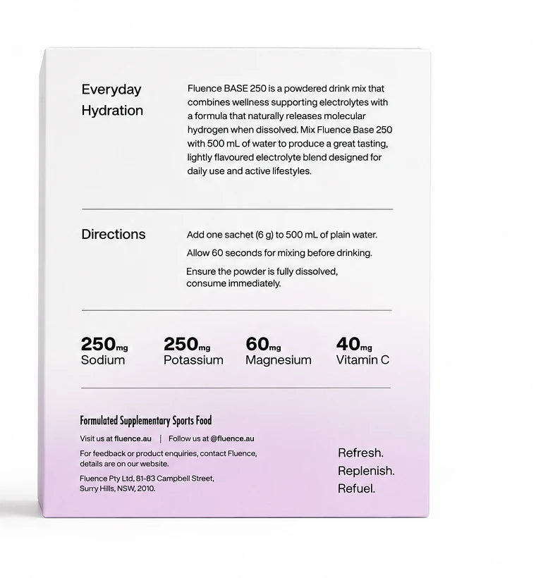 The back of the Base 250 berry box showing the ingredient panel, directions and per-serve amounts