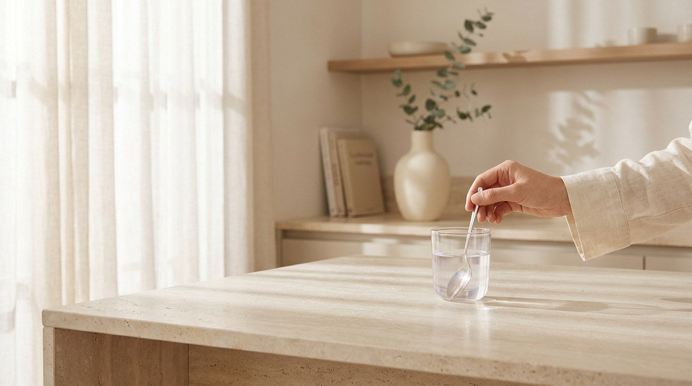 A glass of water being stirred in a bright, calm kitchen