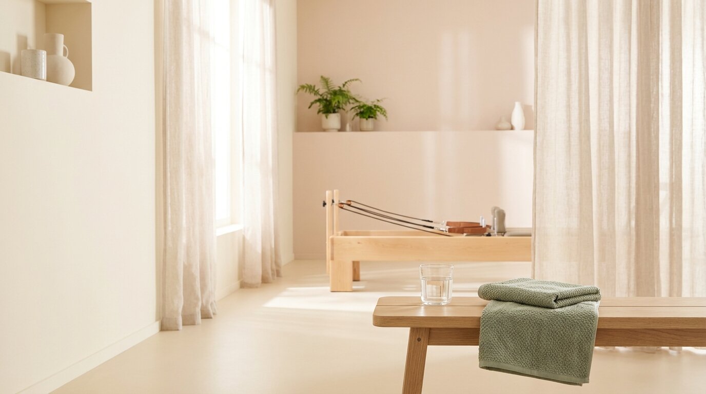 A glass of water and a folded towel on a timber bench in a bright pilates studio