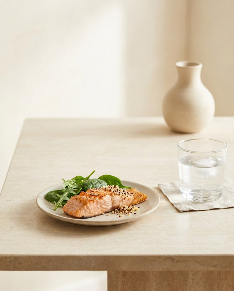 A small, light plate beside a glass of water on a bright table