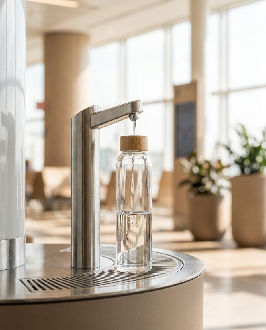 A reusable water bottle being filled at a refill station