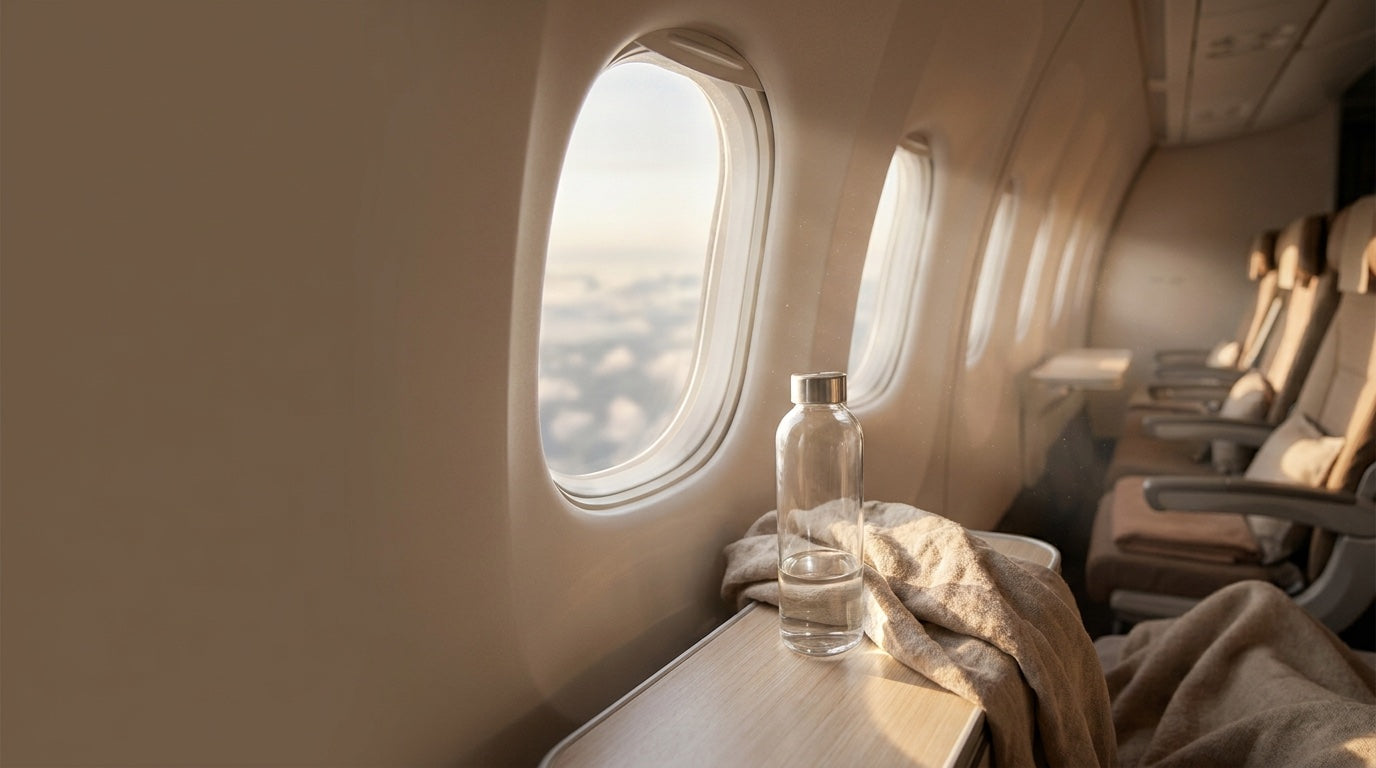 A reusable water bottle and folded linen on a tray table in soft cabin daylight