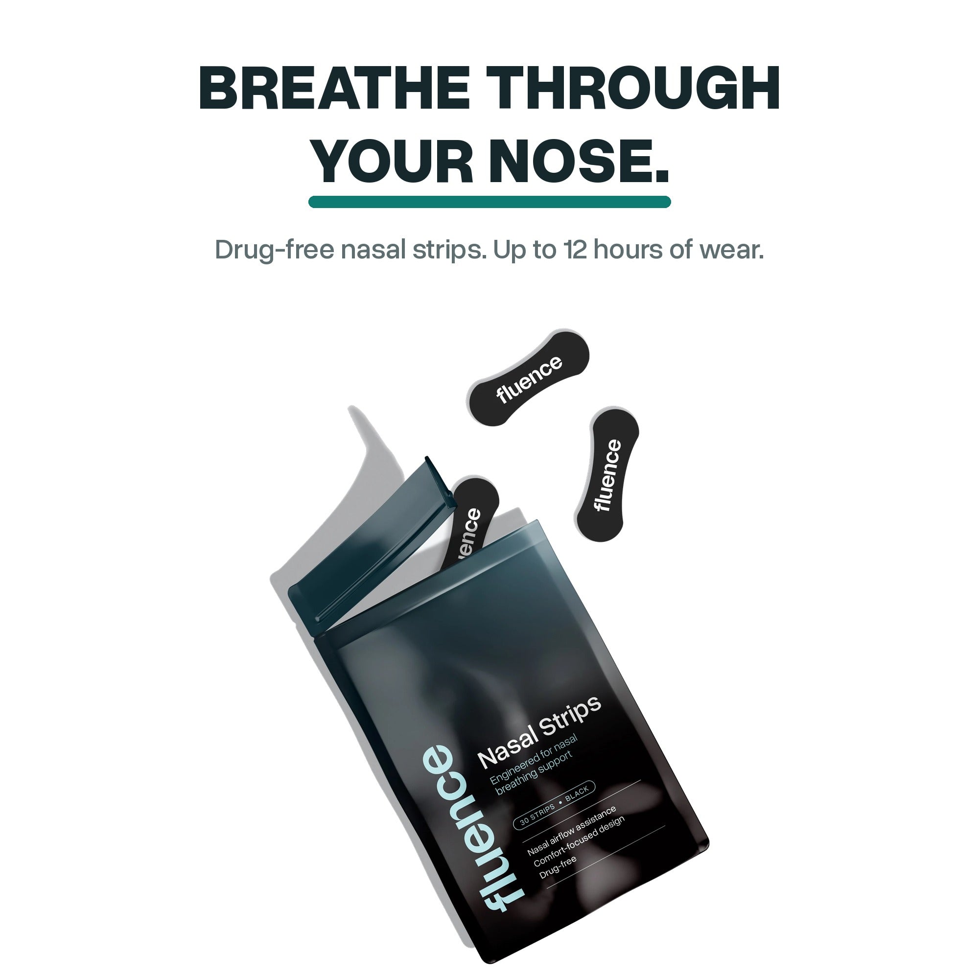 Fluence nasal strips pack opened with strips laid out to show the 30-strip count in scale